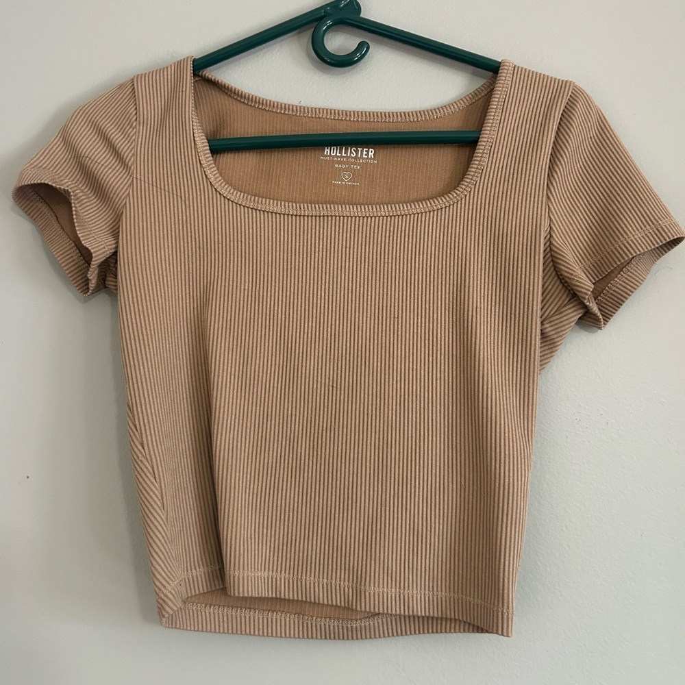 Hollister Ribbed Square-Neck Crop Top in Tan